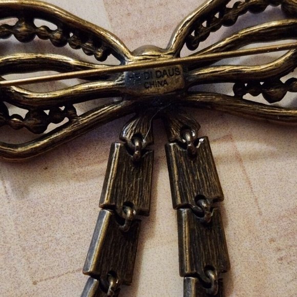 Heidi Daus Ribbon Bow Bronze Tone purple yellow 3" Brooch Pin Signed - Picture 2 of 2